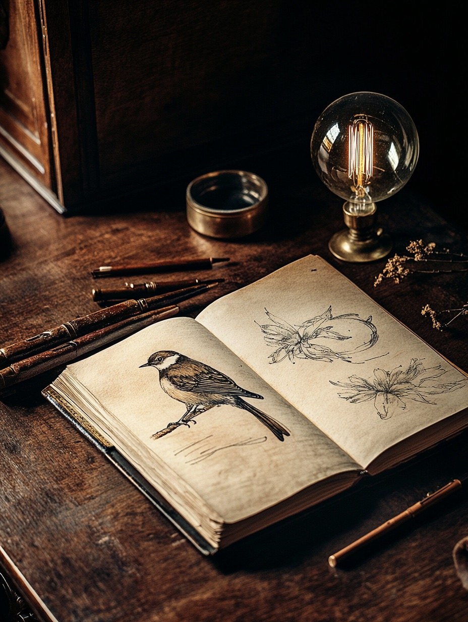 Carnet de croquis ouvert sur un oiseau dessiné à l'encre, atelier Manor of Skin