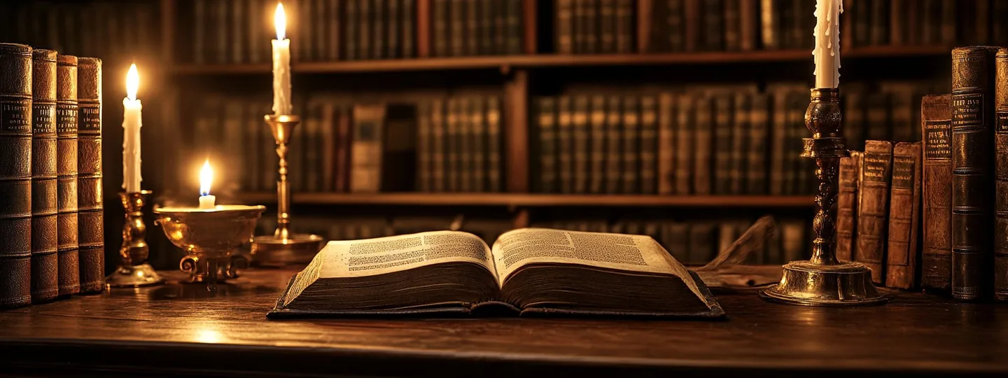 Bibliothèque du Manor of Skin éclairée à la bougie, grimoire ouvert