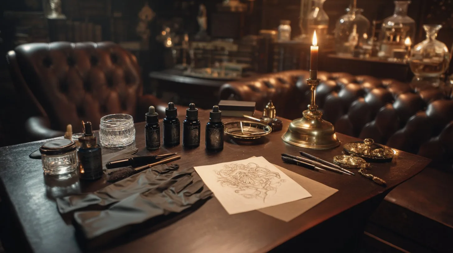 Plan de travail de la tatoueuse — encres, stencil et instruments à la lueur des bougies